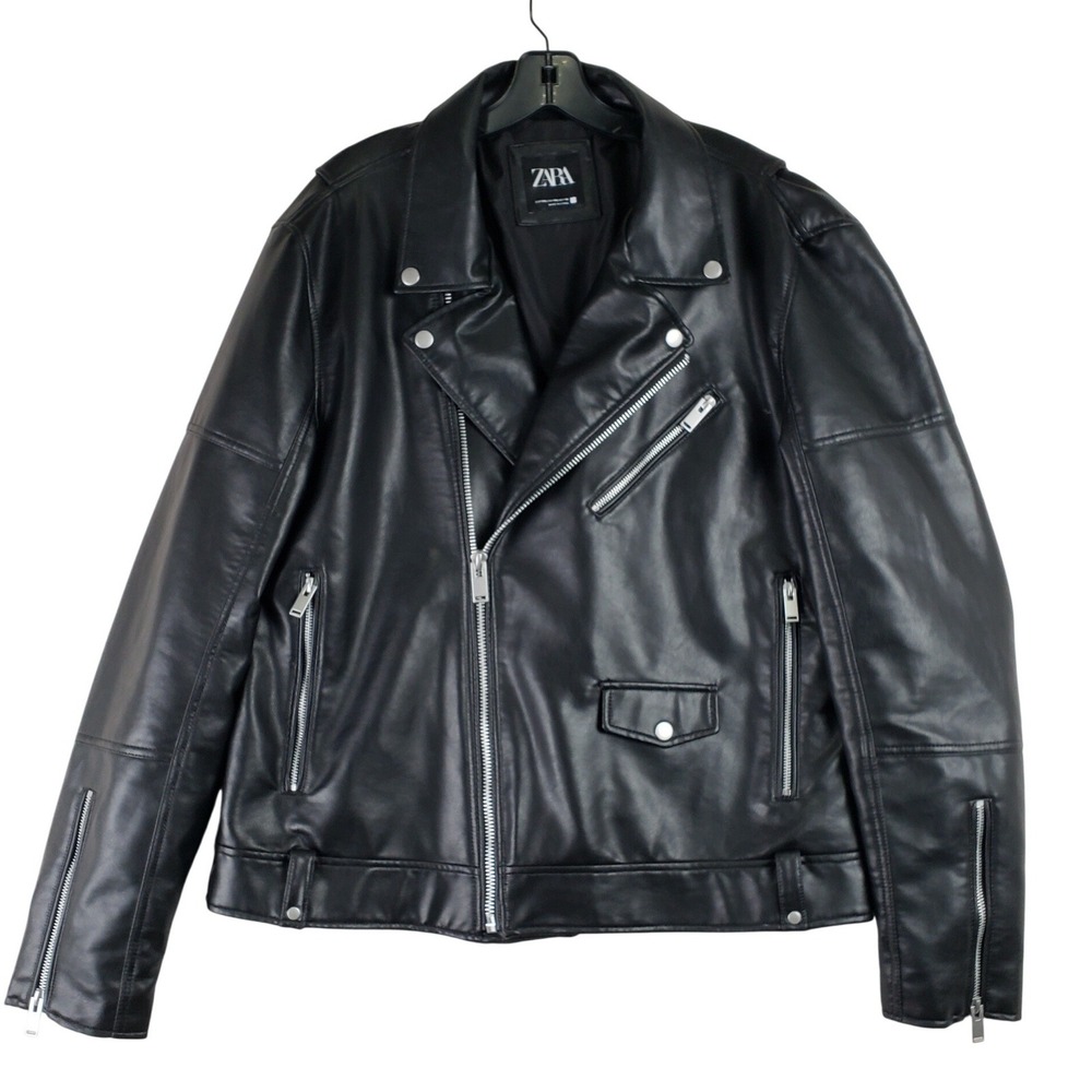 Zara Faux Leather Biker Jacket Women XXL Black Moto Rocker Edgy Streetwear
